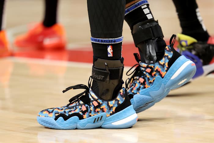 Jan 12, 2022; Atlanta, Georgia, USA; A detailed view of the shoes worn by Atlanta Hawks guard Trae Young during the game against the Miami Heat at State Farm Arena.